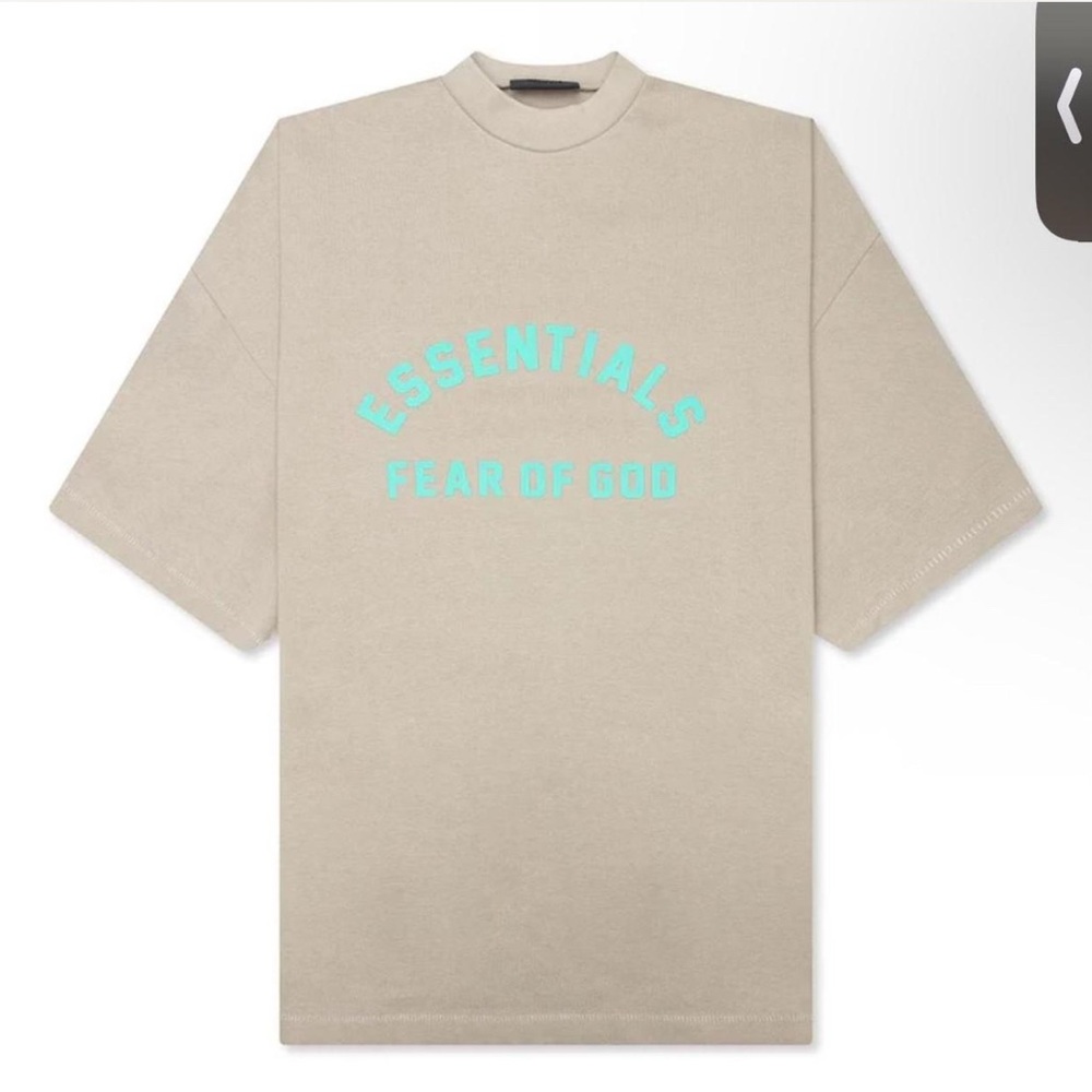 Fear of God Essentials Beige Tee with Aqua Print SMALL 3x Oversized